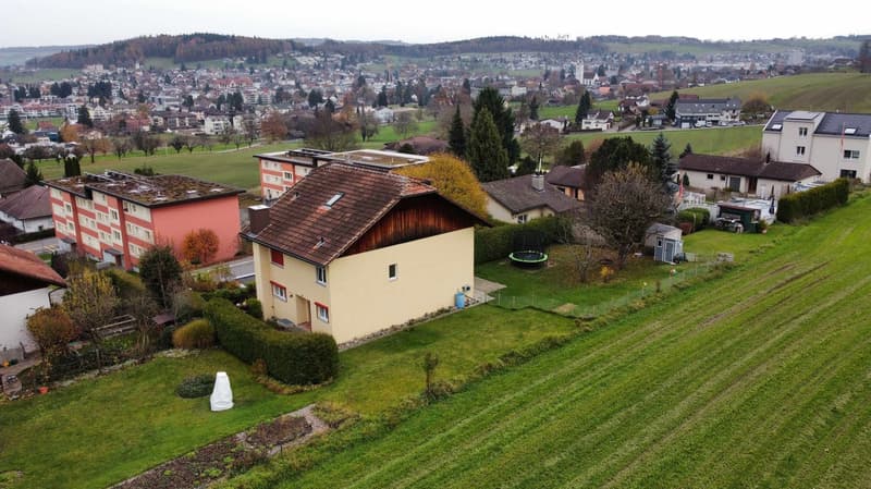 House, brown roof, several windows, garden with trampoline, open field