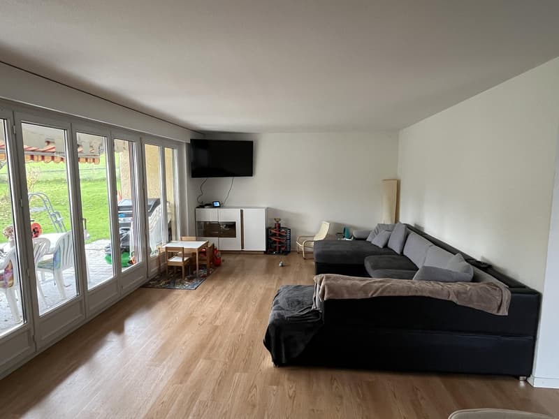 sliding doors, flatscreen TV, sofa, wooden floor, dining table