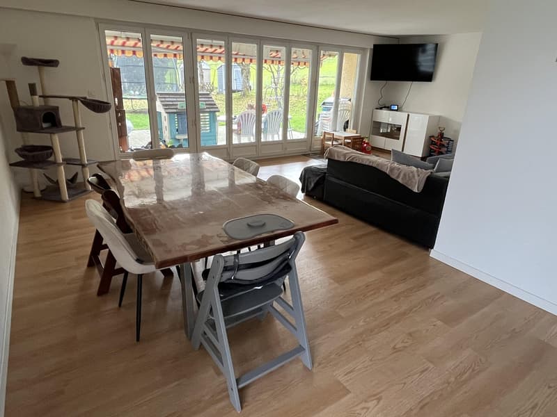 open living space with dining table, couch, TV, windows