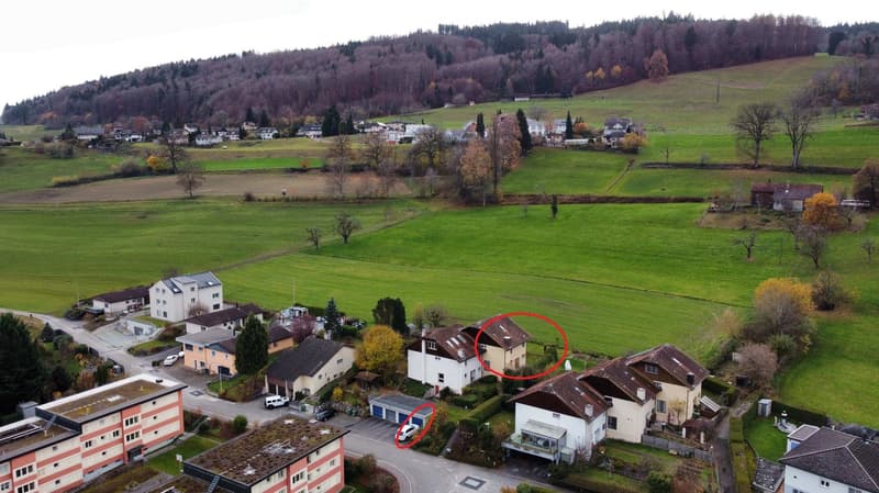 House: Located in a village, red roof, white facade, garage, raised ground floor, surrounded by greenery and other houses.
