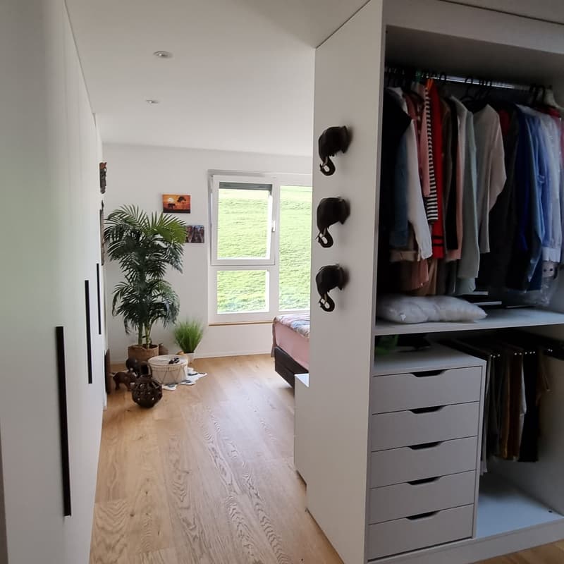 Spacious room with wooden floor, white wardrobe, two elephant heads on the wall, two potted plants, a bed, a window with a view of a grassy field