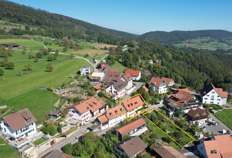 Cluster of houses in a village, each with unique architectural features, situated in a scenic rural area with a panoramic view of the mountains.