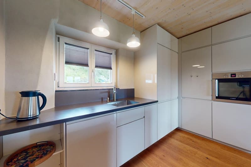Modern kitchen, stainless steel appliances, white cabinetry, countertop, built-in dishwasher, private washing machine, large window