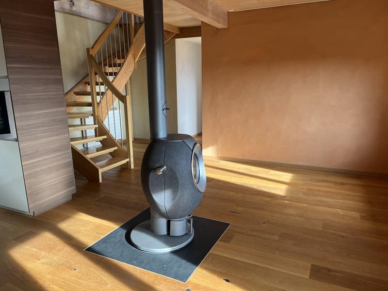 Hardwood floor, fireplace, wooden staircase, open space, wooden ceiling