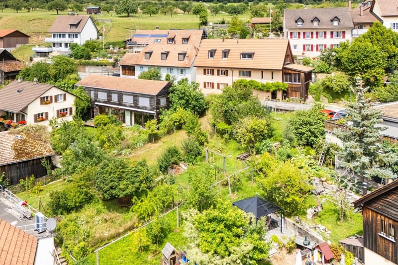 Several houses with diverse designs, wooden and brick exteriors, surrounded by greenery, visible gardens, a swing, and a pergola