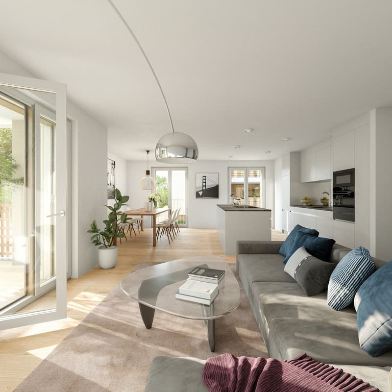 Open-concept living room and dining area, hardwood floors, large windows, modern furniture including a gray sofa, glass coffee table, and dining table with chairs, pendant lighting, and potted plants