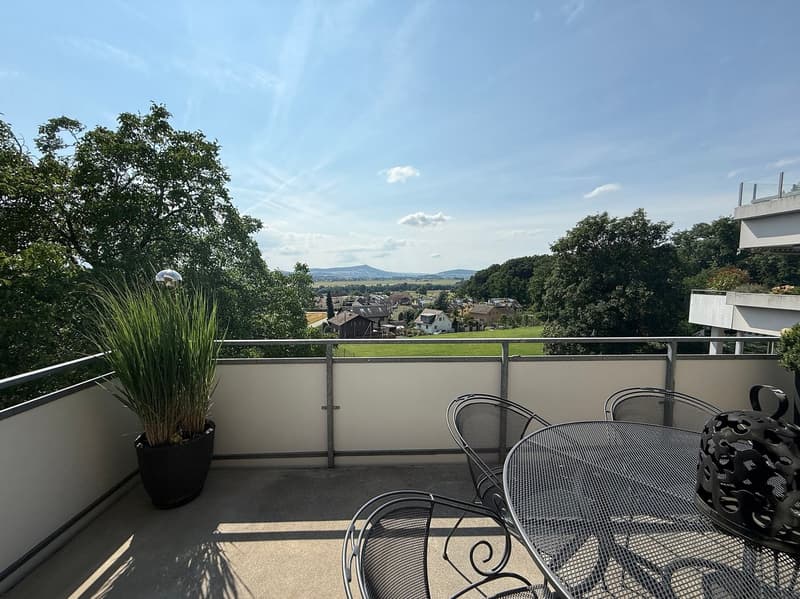 Outdoor balcony with table, chairs, and plants; scenic view of the landscape with hills and houses
