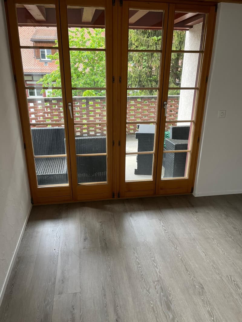 large sliding doors, wooden floors, balcony, view