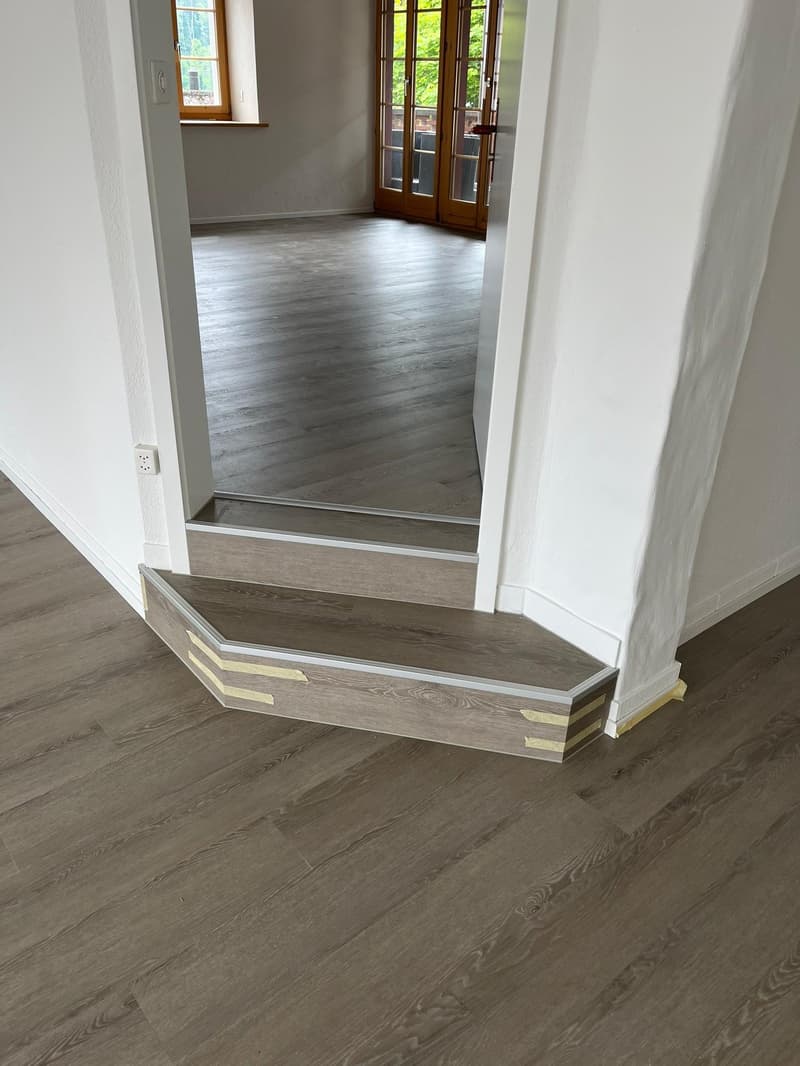 Steps leading to the room, hardwood floor, white walls, power outlet