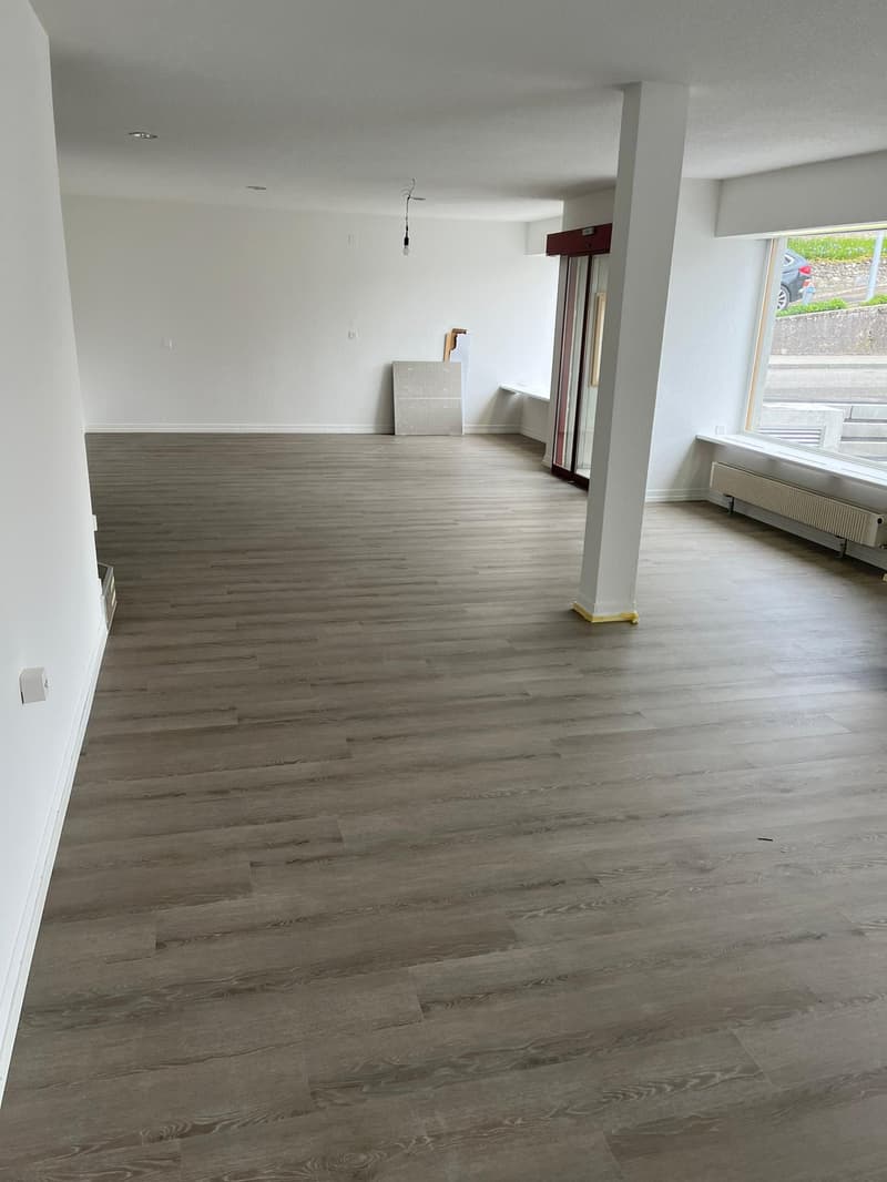 Large room with laminate flooring, large windows, radiator, white walls, ceiling lights