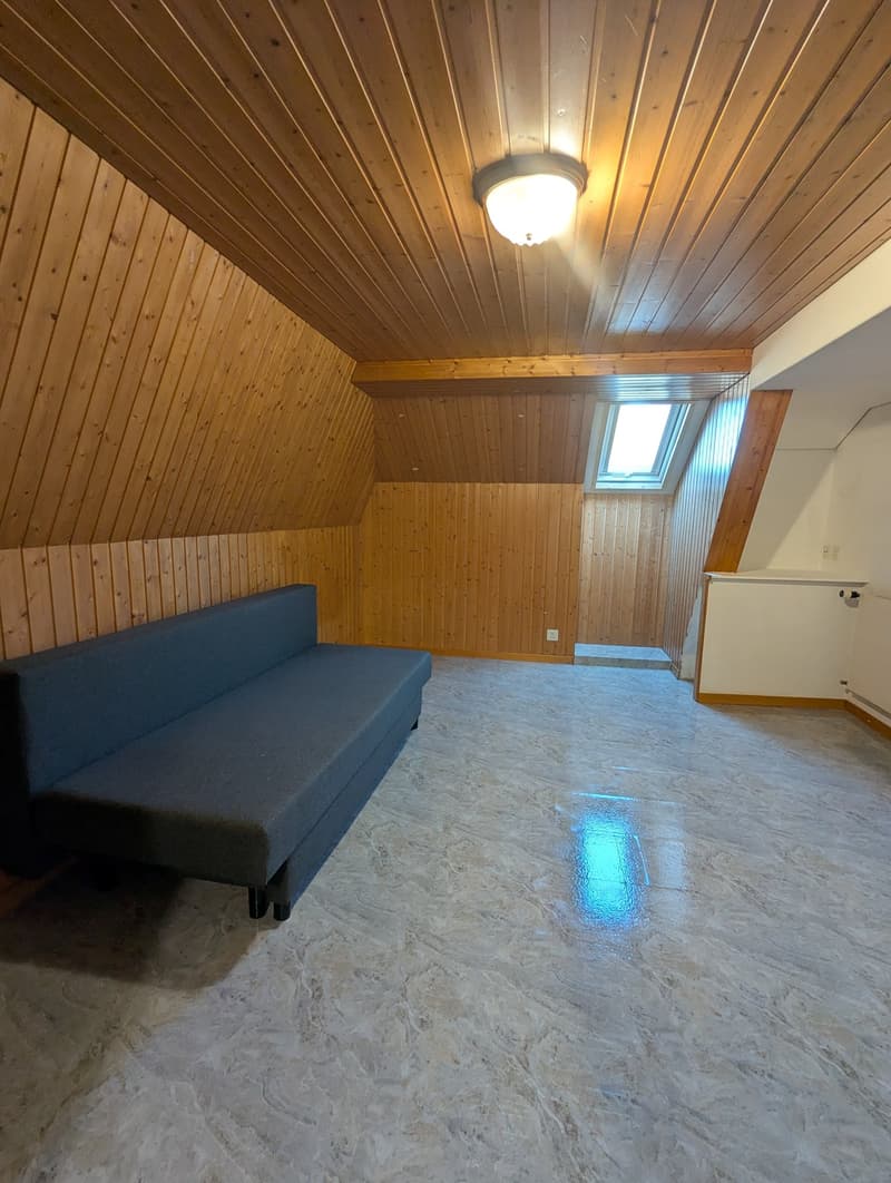 empty room with wooden walls, gray couch, ceiling light, small window