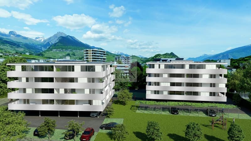 Attique 4,5 pièces neuf à vendre à Conthey - Visuel avec futur revêtement de balcon-terrasse