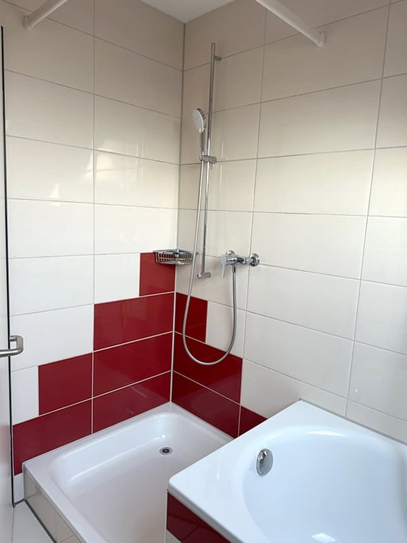 Bathroom with white and red tiles, shower head, bathtub, and faucet