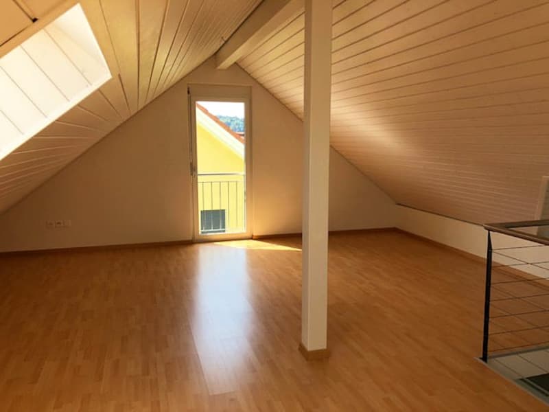 empty room, wooden floor, glass door, balcony, skylight