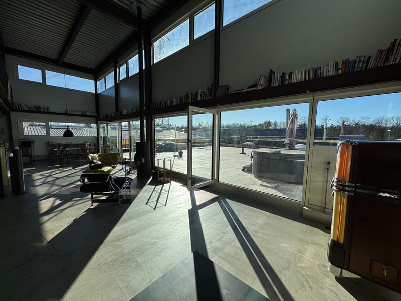 large open space, large windows, modern furniture, books on shelves, outdoor view