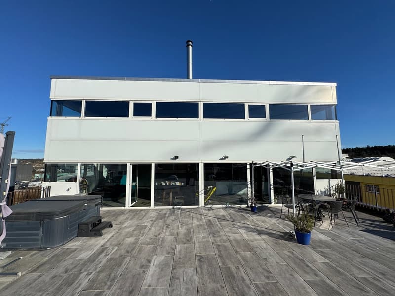 modern white house, large windows, wooden deck, outdoor hot tub, patio furniture, potted plants