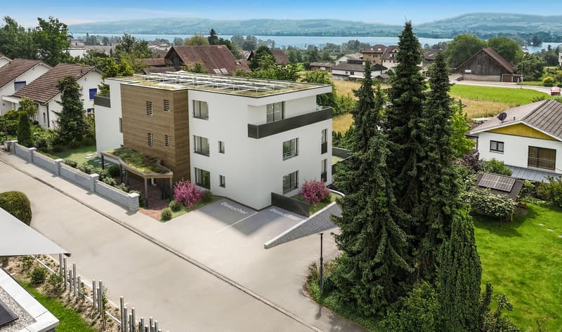Modern apartment building with solar panels, multiple stories, driveway, surrounding houses, and a lake view in the background