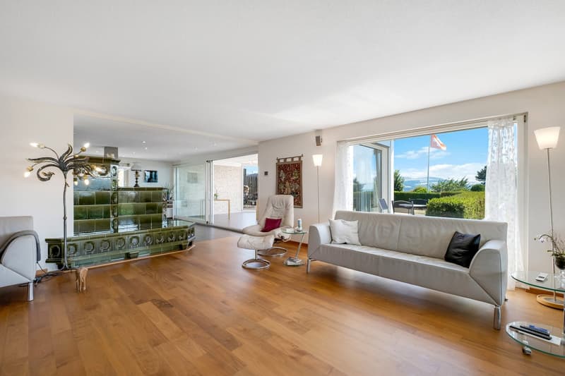 Spacious open-plan living room with hardwood floors, large windows providing natural light and access to a balcony or terrace, modern gray sofa, coffee table, and decorative fireplace with green tile surround.