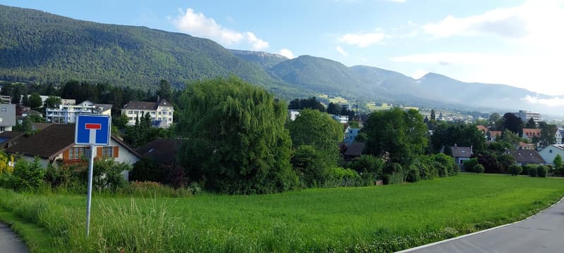 The image shows a scenic mountain landscape with a small town nestled in the valley. The town has residential buildings with some balconies visible. There is a grassy field in the foreground and lush green trees and vegetation covering the surrounding hil