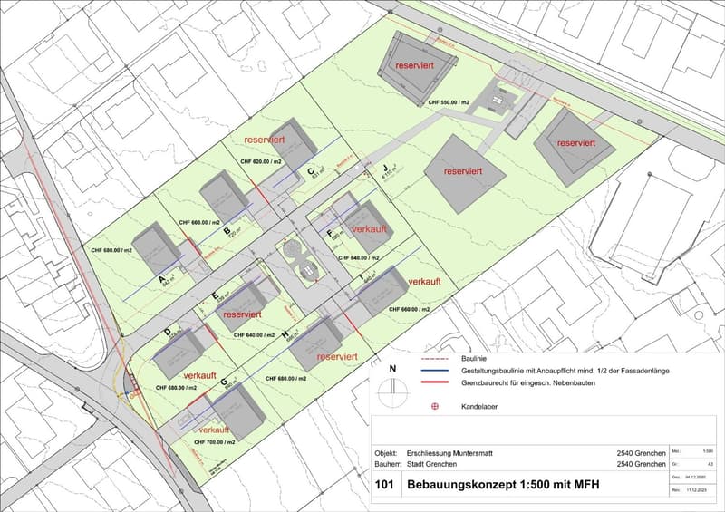 Building plot with various reserved areas, a building line, and a building for sale.