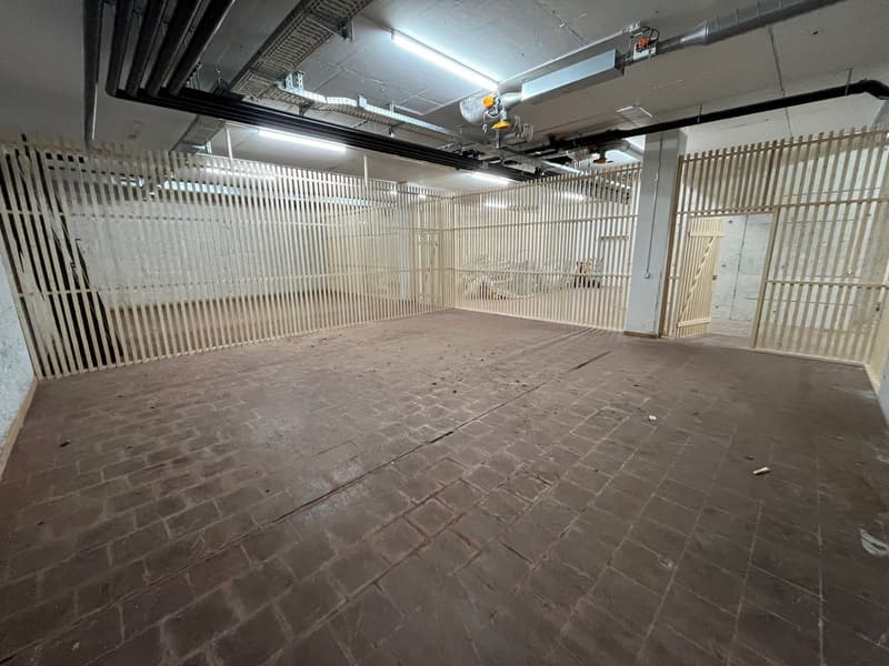 Empty room with brick flooring, steel barriers on both sides, white walls, ceiling with pipes and lights.