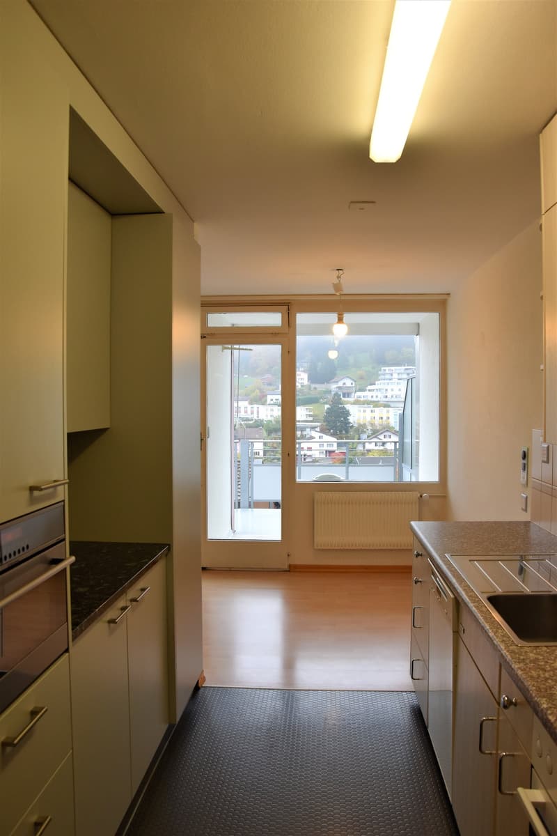 modern kitchen with large windows, wood floor, stainless steel sink, dishwasher