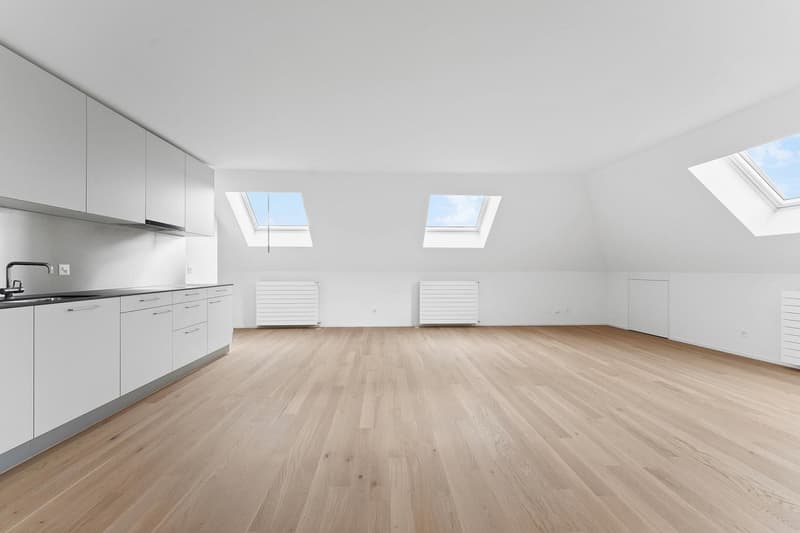 empty room, wooden floor, kitchen cabinets, ceiling with windows, power outlets