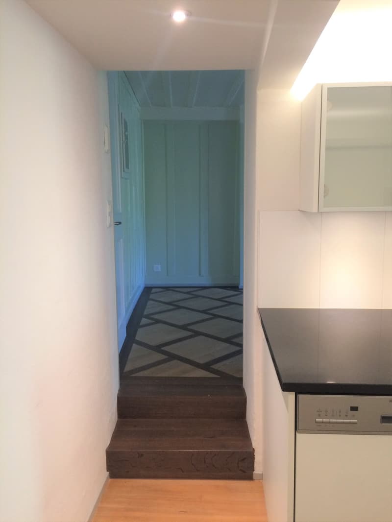 Corridor with wooden stairs, decorative floor tiles, kitchen with dishwasher and washing machine