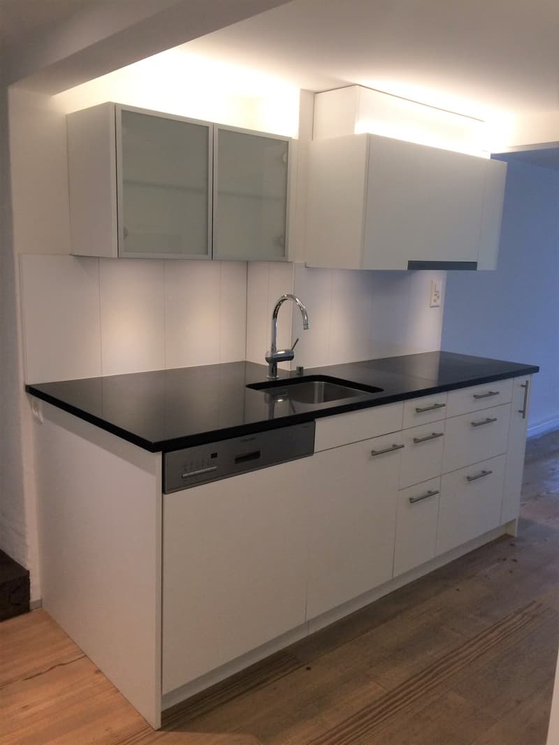 Modern kitchen with white cabinets, granite countertop, stainless steel sink, dishwasher, and sleek faucet.