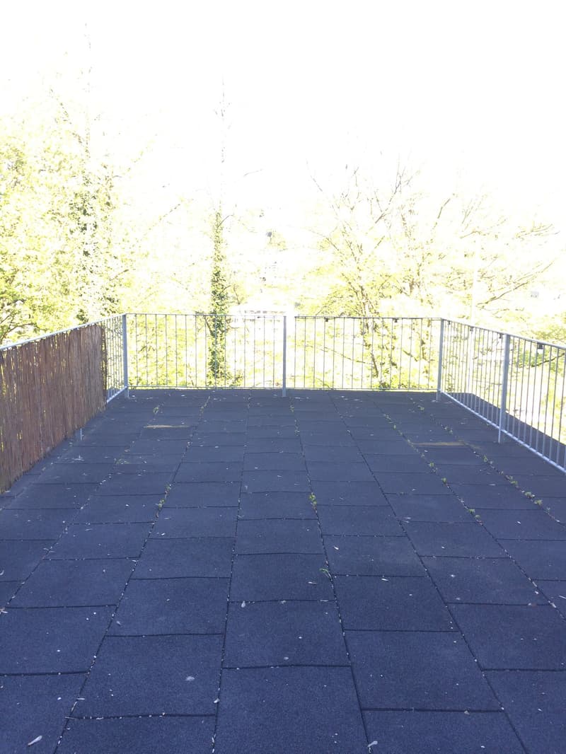 Square balcony made of stone with metal railings and distant view of trees