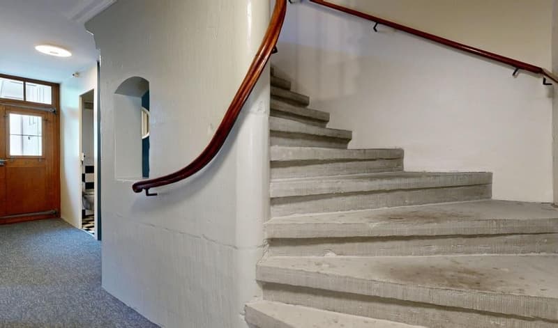 concrete staircase, wooden handrail, white walls, wooden door, carpeted floor