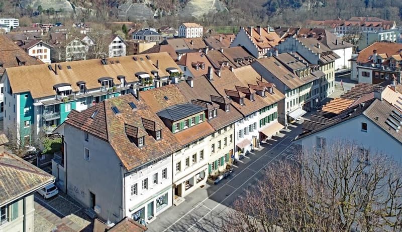 Aerial view of a town with many buildings, brown roofs, white walls, green windows, and a street with parked cars.