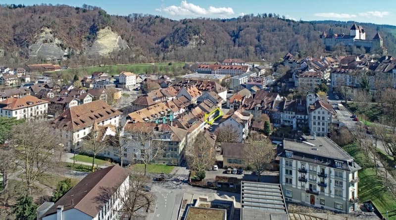 Aerial view of a town with many buildings, some with brown roofs, a road, and a mountain in the background.