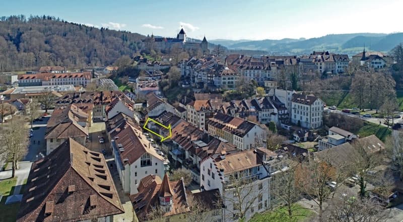 House in a town with many buildings, brown roofs, yellow arrow pointing to a specific house