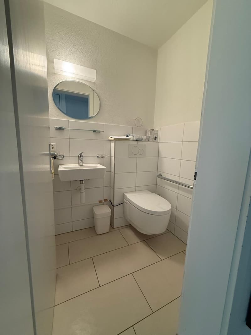 Modern bathroom with white tiles, sink, toilet, and mirror