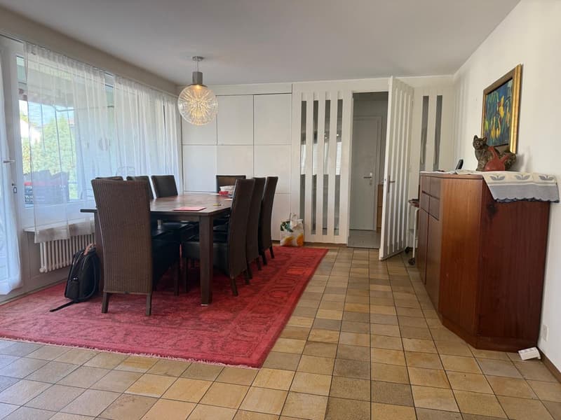 Dining room with wooden table, red carpet, white curtains, white walls, a picture on the wall, a cabinet, white radiator, ceiling lamp