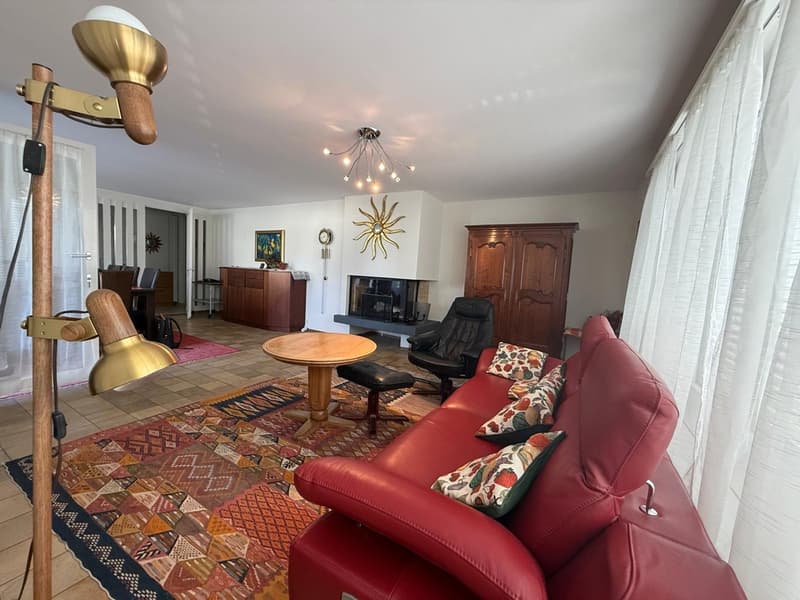 living room, red leather couch, fireplace, chandelier, wooden table, armchair, rug, floor lamp