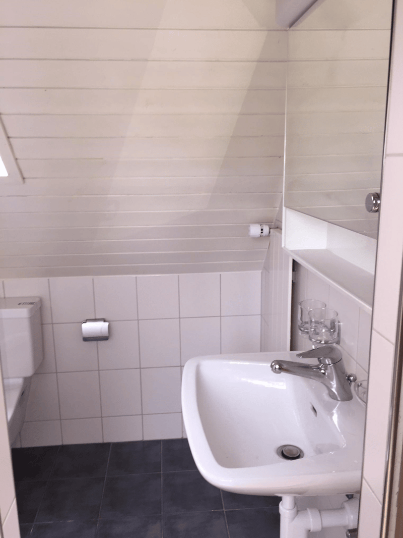 Badezimmer mit Dusche, Lavabo, Spiegelschrank und WC