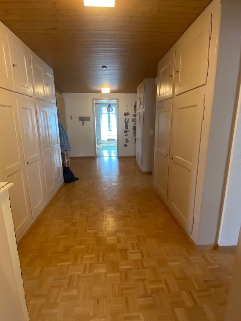 Blick vom Eingangsbereich in die hübsche, grosszügige und helle Wohnung