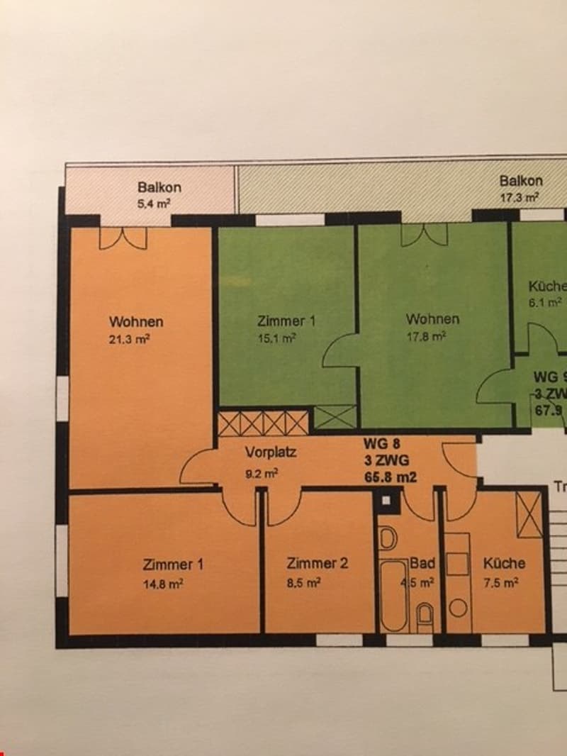 Grundrissplan der Wohnung (orange eingefärbt)