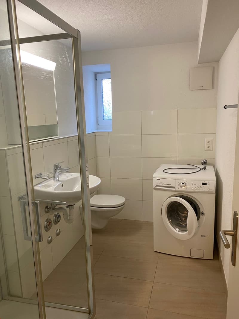 Badezimmer mit grosser Dusche und eigener Waschmaschine