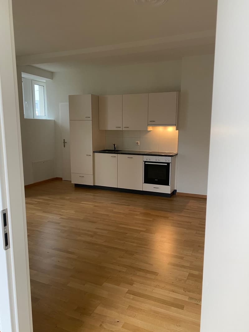 Blick vom Schlafzimmer in den grosszügigen Wohnraum und zur Küche