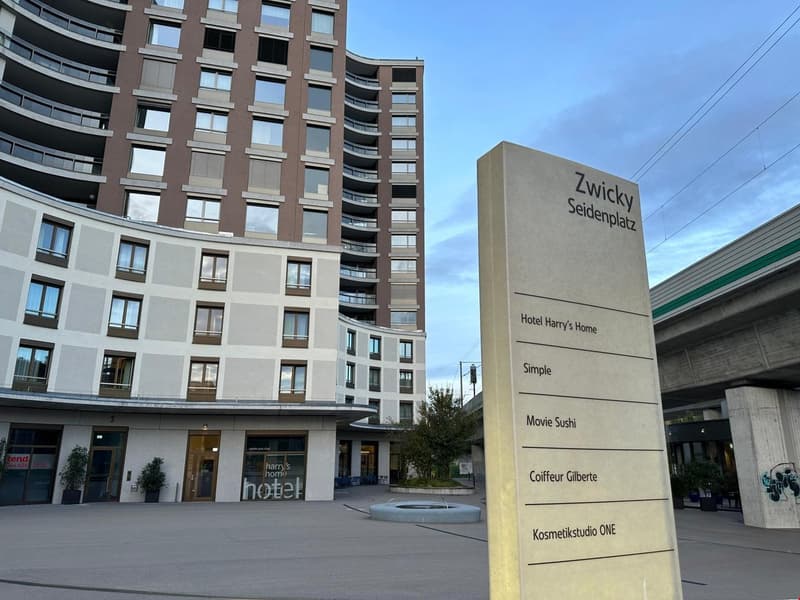 Blick auf die tolle Überbauung Waldhaus Neugut am Seidenplatz gegenüber Zwicky Arreal