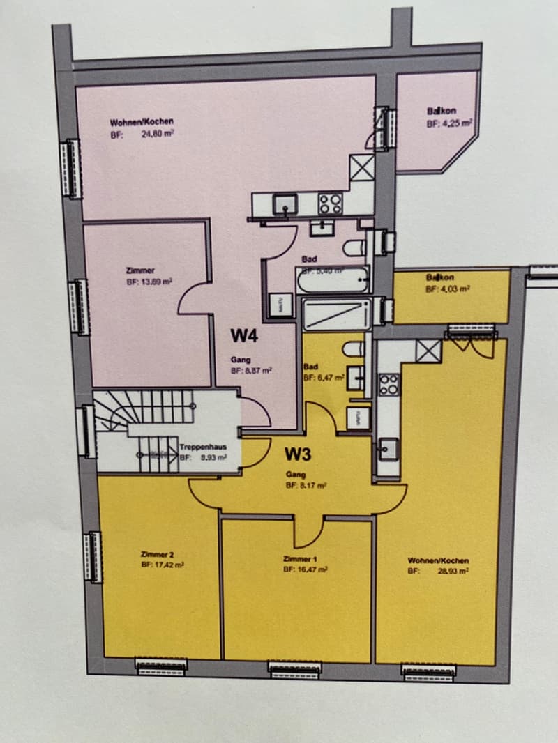 Grundriss der im 1. Stock zu vermietenden 3.5 Zi Wohnung W3
