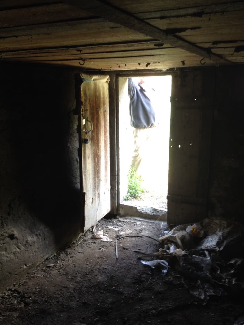 Dilapidated interior of a building, with a wooden door frame and debris on the floor. The door is open, revealing a view of the outdoors through the doorway.