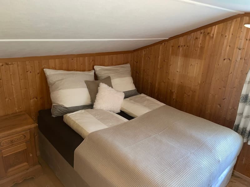 bedroom with wooden walls, double bed, nightstand, pillows, blanket, no visible windows