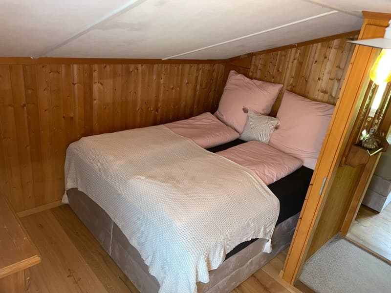 Small double bed with pink bedding and white blanket, wooden walls and floor, a lamp and an open wooden door leading to another room