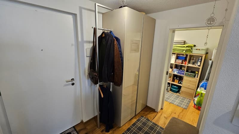 Entrance hall with a white door, a metal coat rack with clothes, a large white cabinet, a wooden floor, and a rug.