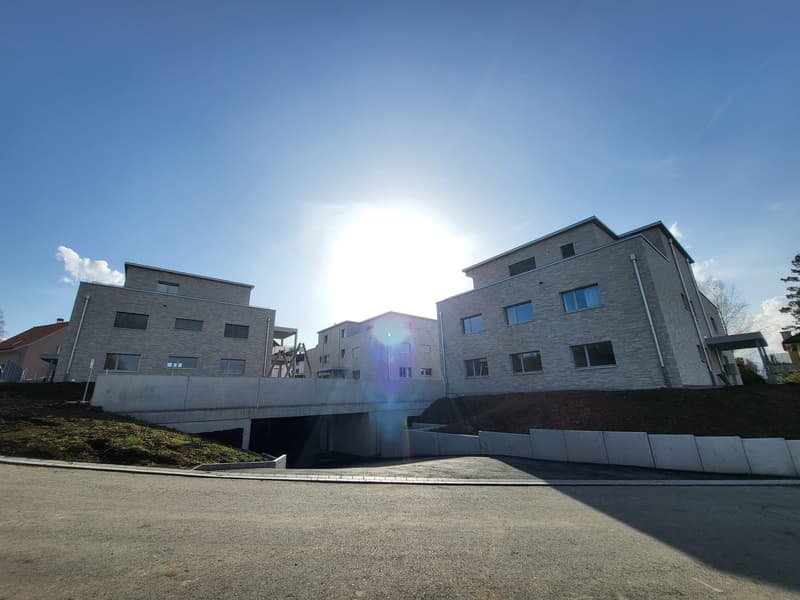 2 apartment buildings, gray stone, raised ground floor, underpass