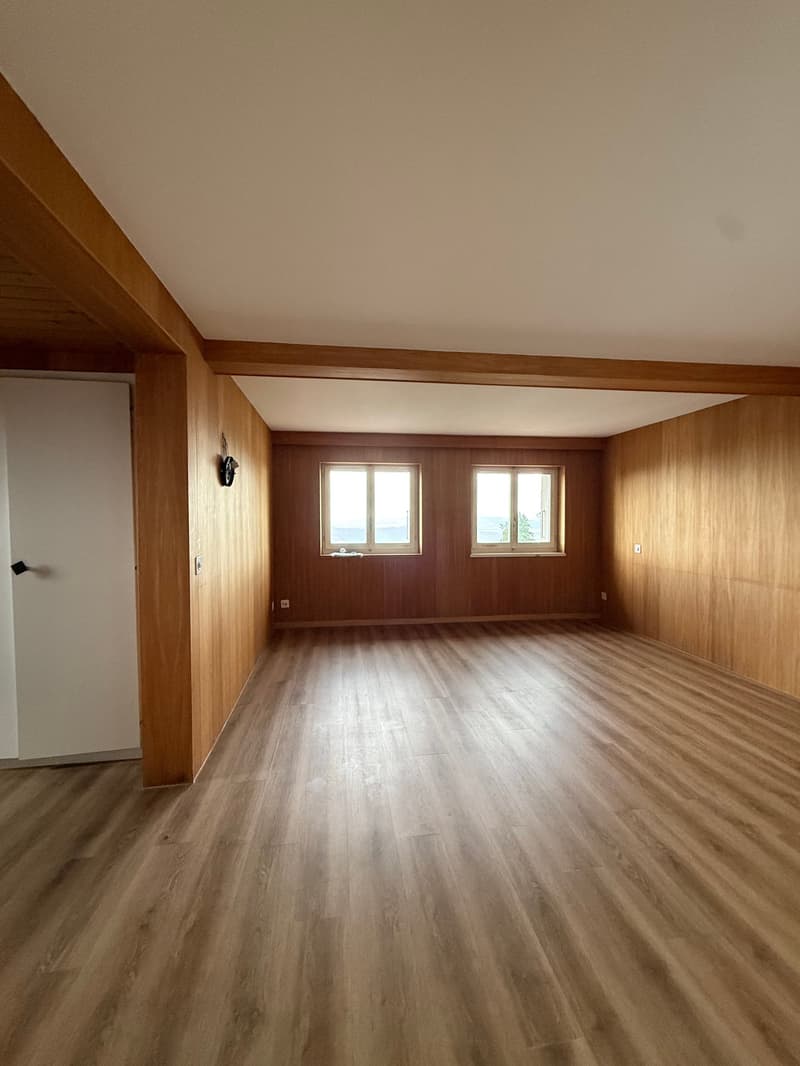 empty room, wooden walls, wooden floor, two windows, door